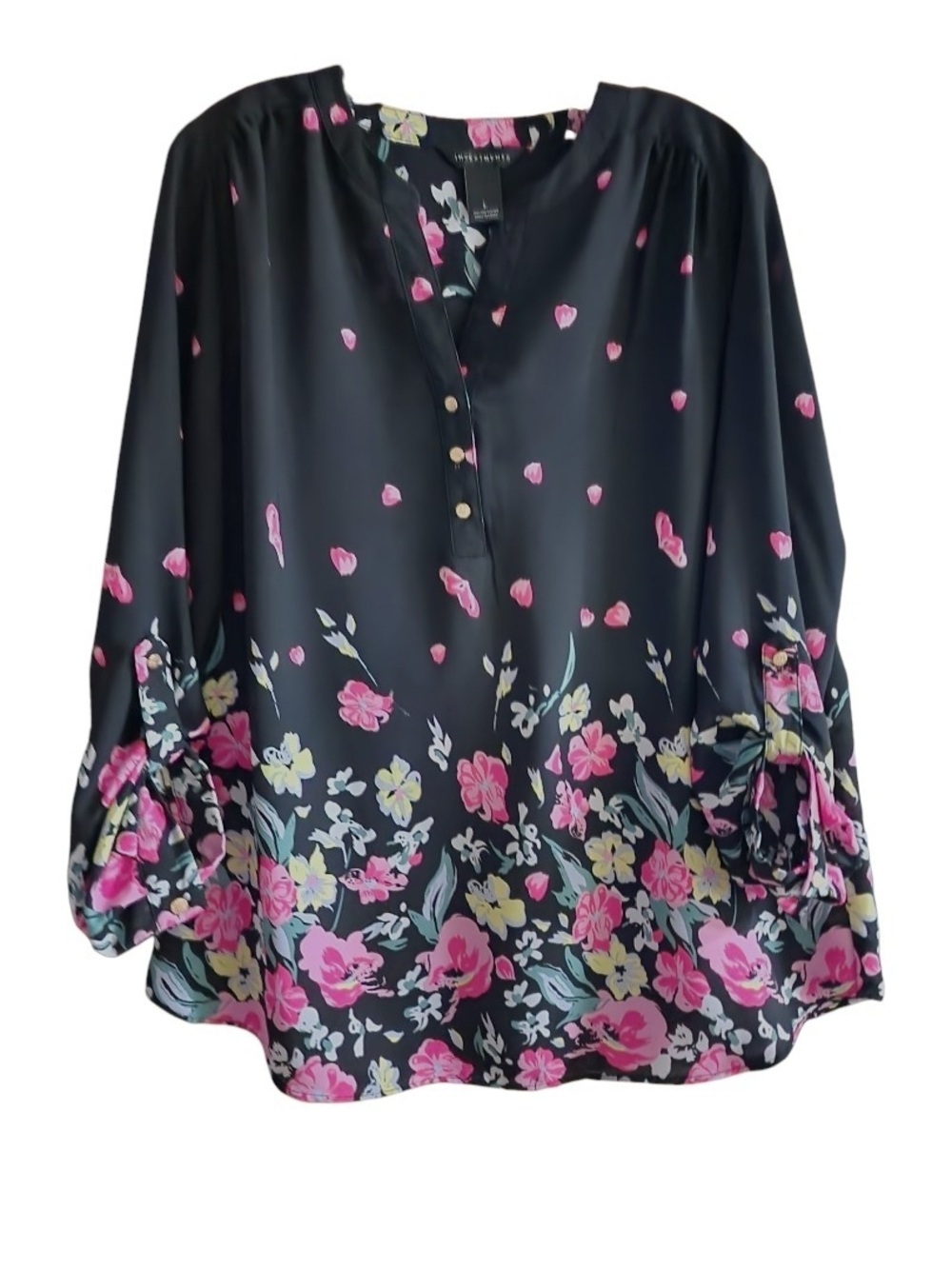 Investments Black Blouse with Pink Floral Border Large